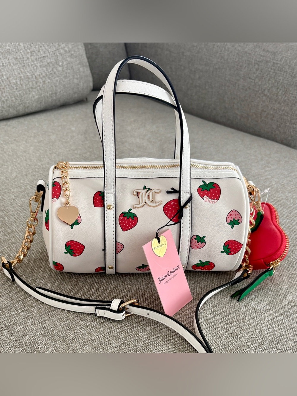 Juicy Couture White Barrel Crossbody with Red Strawberry Print and Gold Hardware